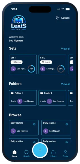 The Lexis Lift home screen with sets by topic