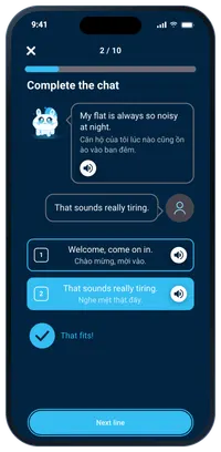 Role Play: the cat says a line, with a Vietnamese translation, and two replies to choose from