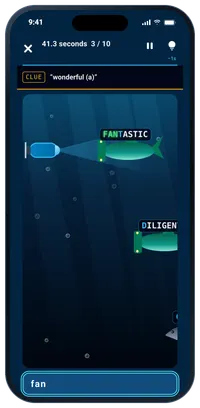 Write: sharks carrying words swim in, a typing box below